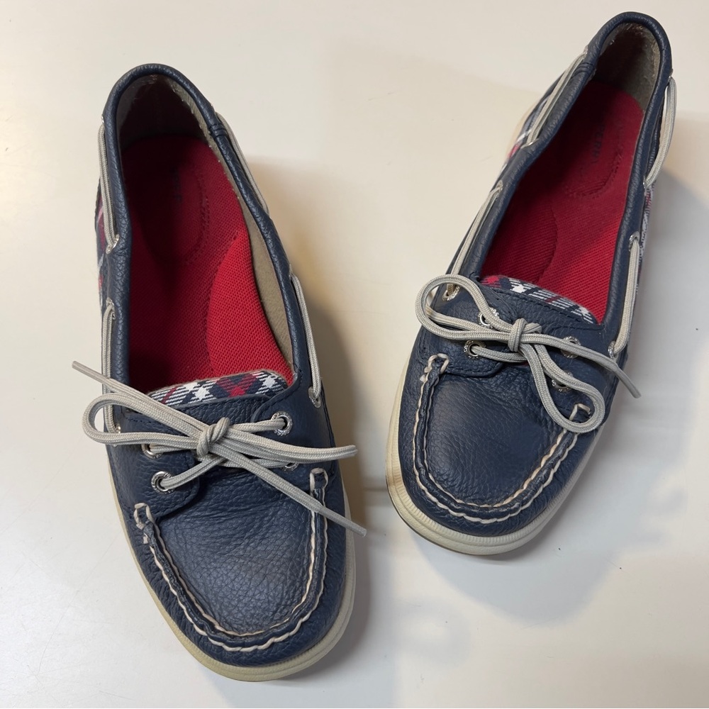 SPERRY Top sider Navy Blue Leather Red plaid Trim Women flat Shoes Size 6